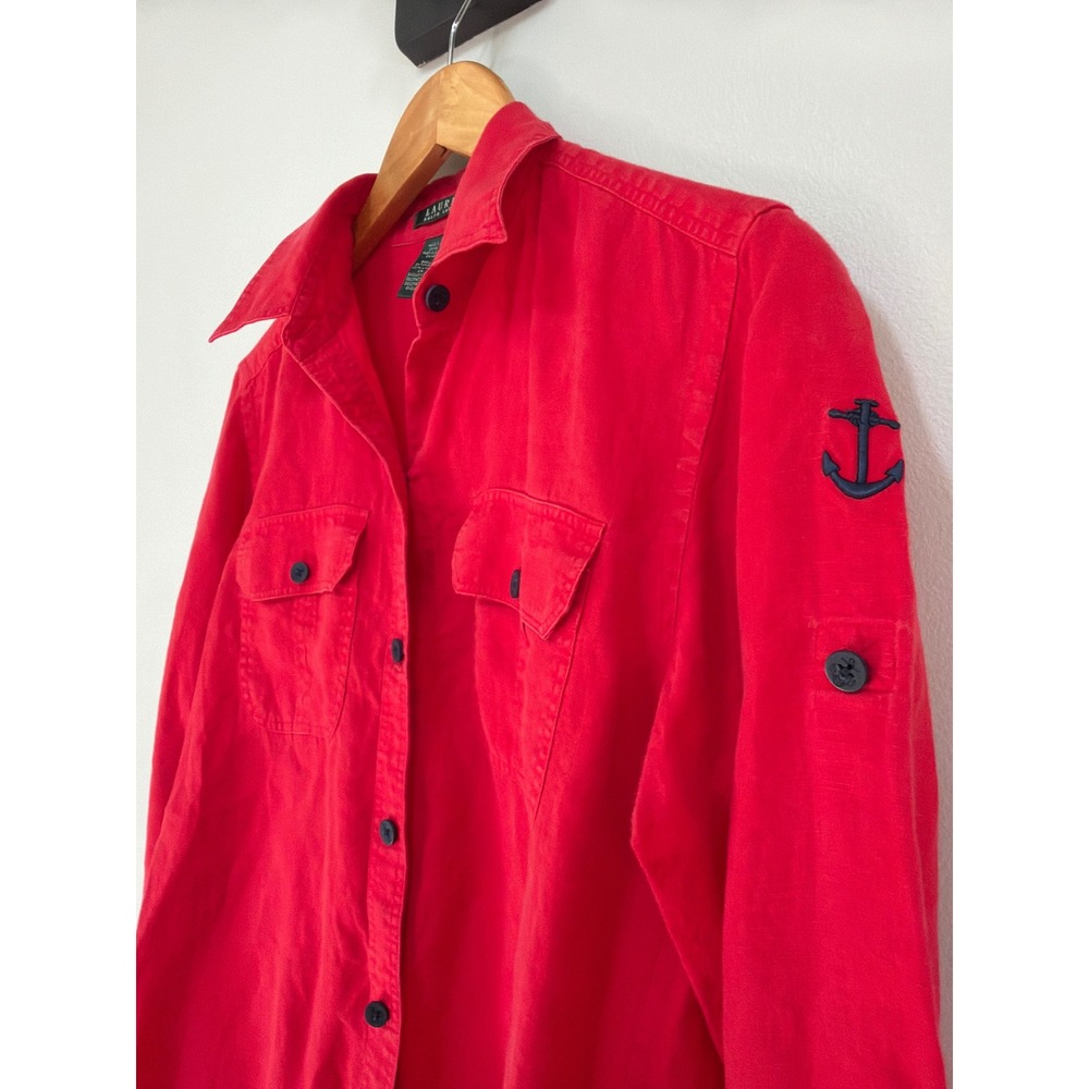 Lauren Ralph Lauren Linen Shirt Medium Red Anchor Button Down Roll Tab Nautical
